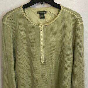 Eddie Bauer Waffle Knit Henley Top Size Large Green Thermal Snap Front Shirt